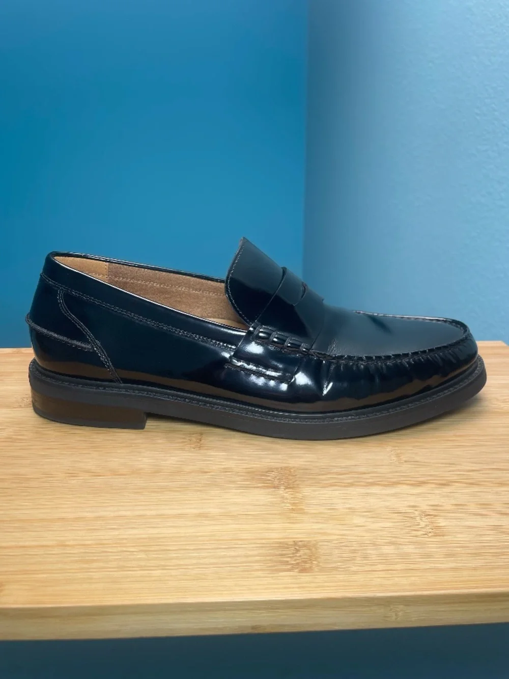 Cole Haan Mens Pinch Prep Penny Loafers Sz 10.5 Patent Leather Black Moc Toe EUC